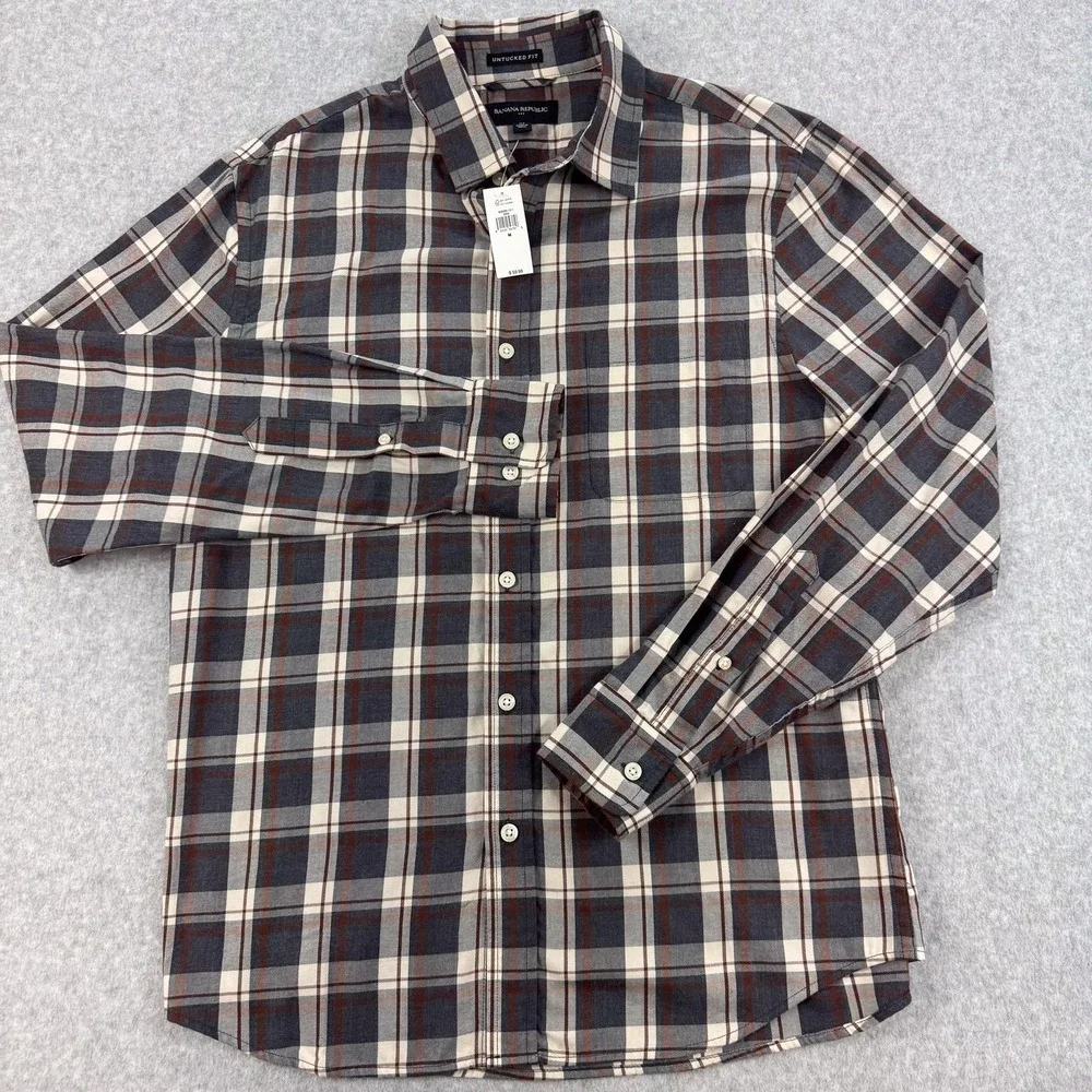 Banana Republic Twill Shirt Mens Medium Gray Plaid Untucked Fit Office NEW $60